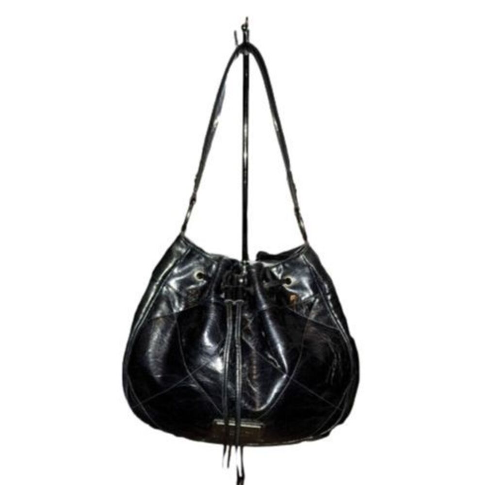 Simply Vera Vera Wang‎ Black Faux Leather Drawstring Hobo Bag 14"X13"X5"
